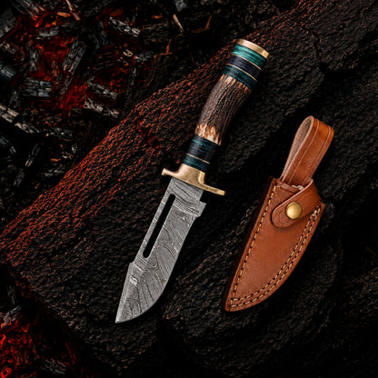 8′ Handmade Damascus Steel Stag Antler & Paka Wood Handle Knife with Leather Sheath | STG-002-GN