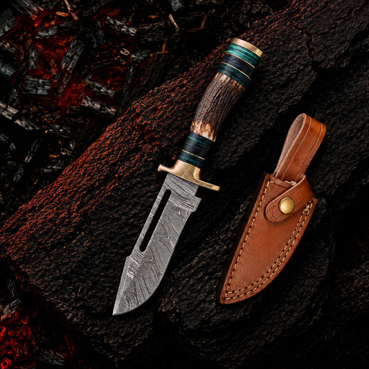 8′ Handmade Damascus Steel Stag Antler & Paka Wood Handle Knife with Leather Sheath | STG-002-GN