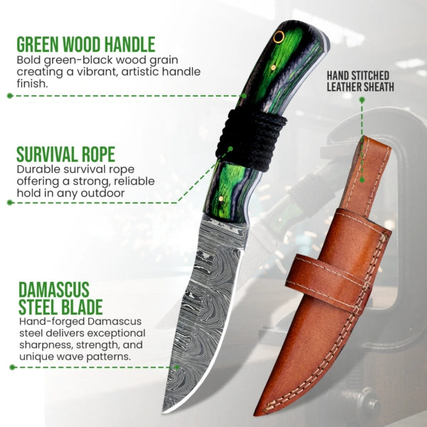 9′ Handmade Damascus Steel Green Wood & Survival Rope Handle Knife with Leather Sheath | SV-001-GN