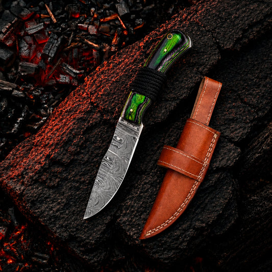 9′ Handmade Damascus Steel Green Wood & Survival Rope Handle Knife with Leather Sheath | SV-001-GN