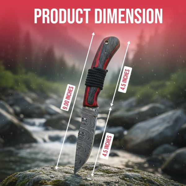 9′ Handmade Damascus Steel Red Wood & Survival Rope Handle Knife with Leather Sheath | SV-001-RD