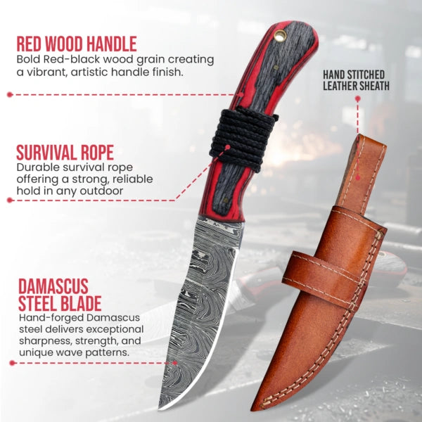 9′ Handmade Damascus Steel Red Wood & Survival Rope Handle Knife with Leather Sheath | SV-001-RD