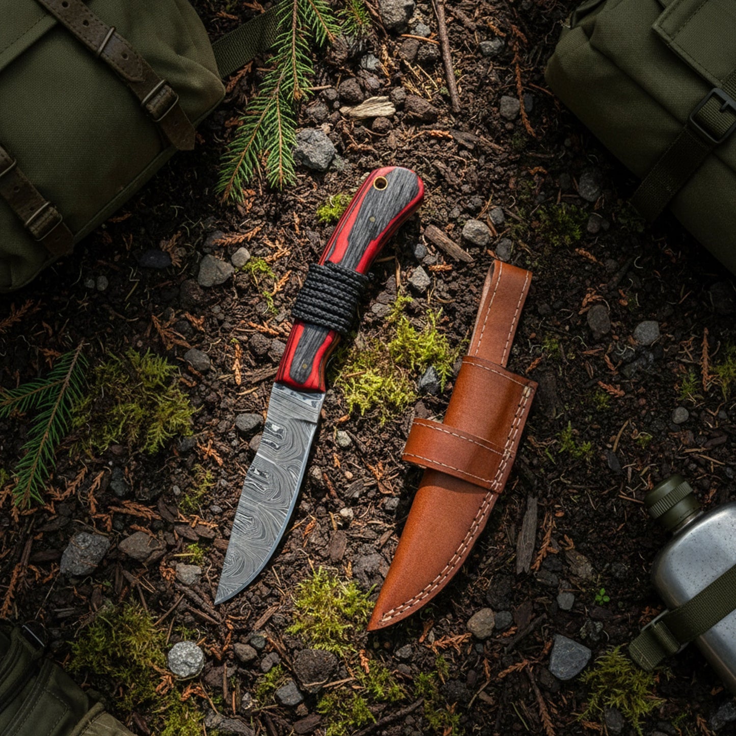 9′ Handmade Damascus Steel Red Wood & Survival Rope Handle Knife with Leather Sheath | SV-001-RD