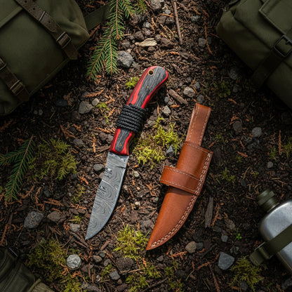 9′ Handmade Damascus Steel Red Wood & Survival Rope Handle Knife with Leather Sheath | SV-001-RD
