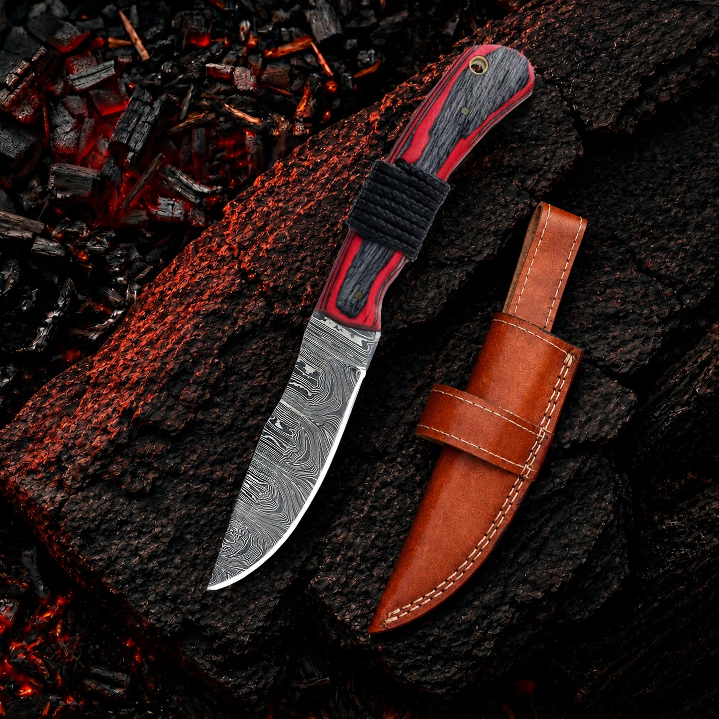 9′ Handmade Damascus Steel Red Wood & Survival Rope Handle Knife with Leather Sheath | SV-001-RD