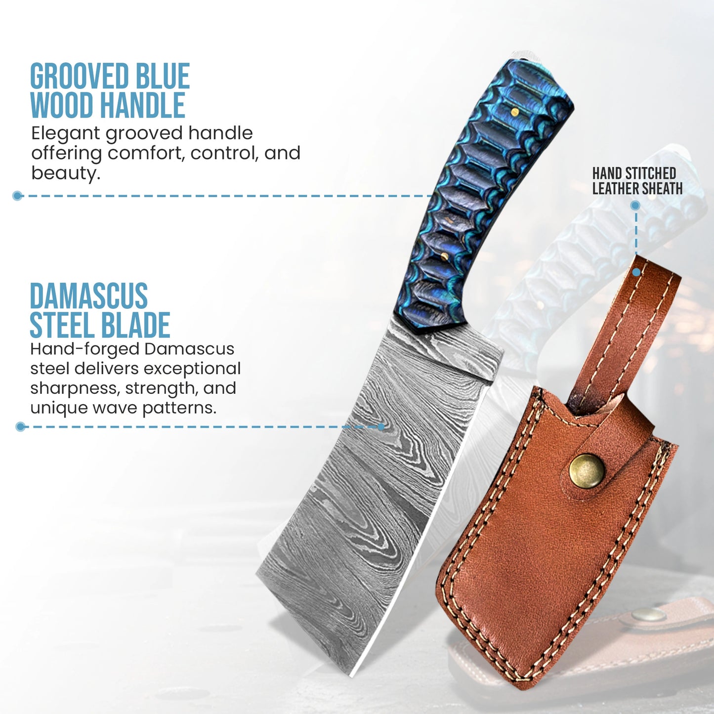 8.5′ Handmade Damascus Steel Mini Cleaver Knife with Leather Sheath | TB-001