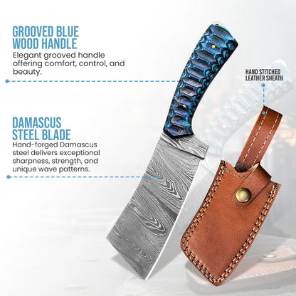 8.5′ Handmade Damascus Steel Mini Cleaver Knife with Leather Sheath | TB-001