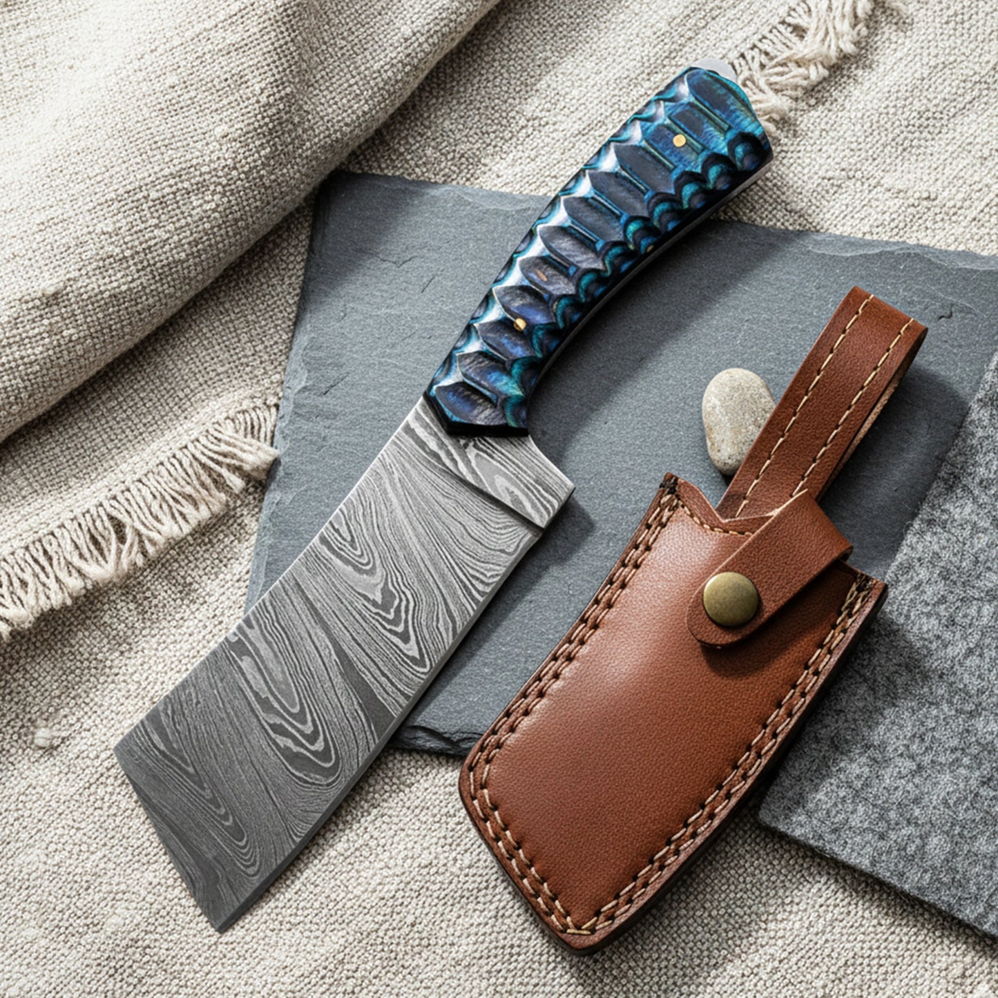 8.5′ Handmade Damascus Steel Mini Cleaver Knife with Leather Sheath | TB-001