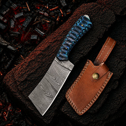 8.5′ Handmade Damascus Steel Mini Cleaver Knife with Leather Sheath | TB-001