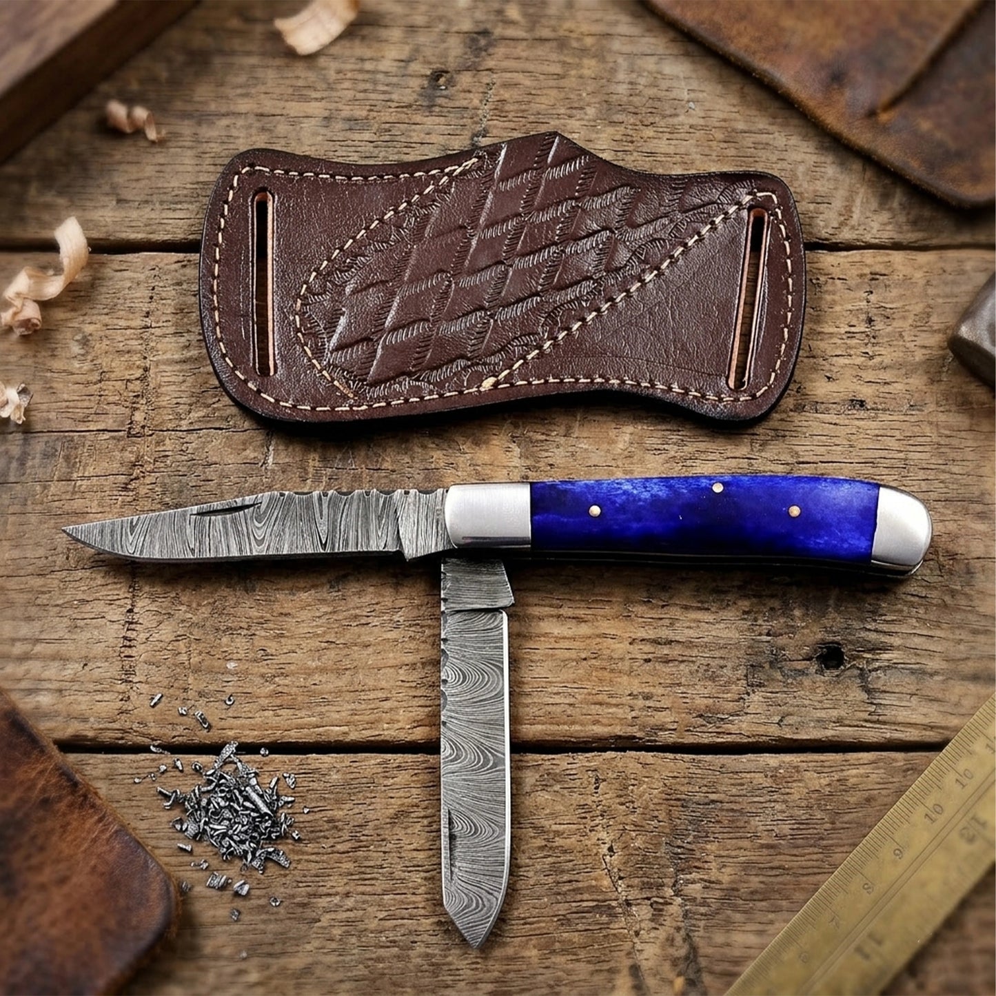 7.5′ Handmade Damascus Steel Mediterranean Blue Bone Handle Pocket Knife with Leather Sheath | TRP-001-BL