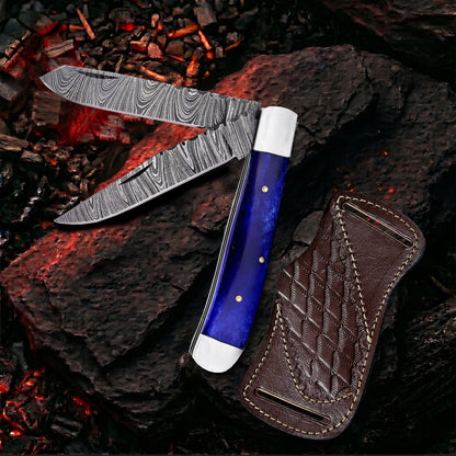 7.5′ Handmade Damascus Steel Mediterranean Blue Bone Handle Pocket Knife with Leather Sheath | TRP-001-BL