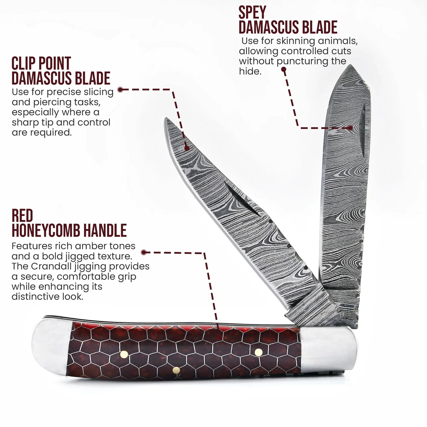 7.5′ Handmade Damascus Steel Red Honey Comb Handle Pocket Knife with Leather Sheath | TRP-001-RH