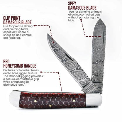 7.5′ Handmade Damascus Steel Red Honey Comb Handle Pocket Knife with Leather Sheath | TRP-001-RH