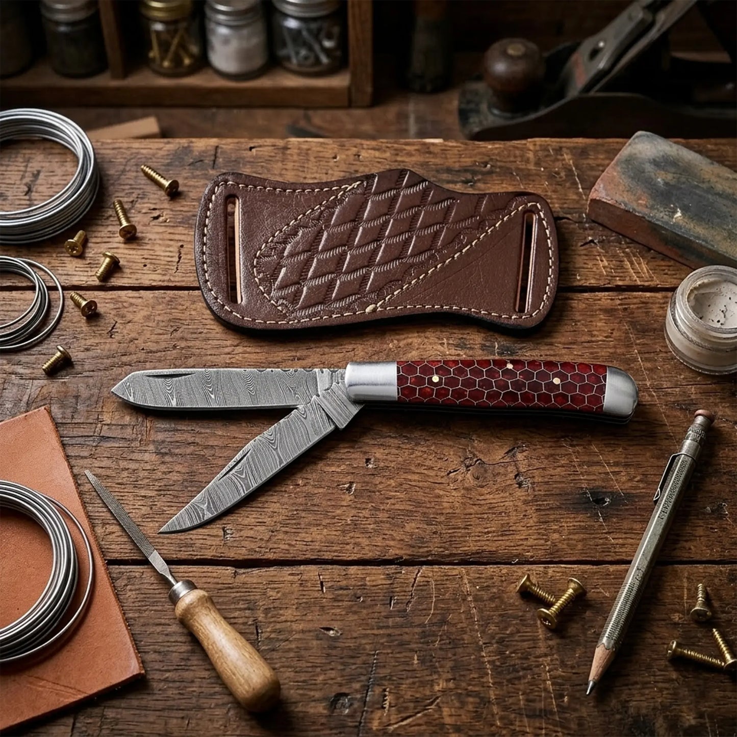 7.5′ Handmade Damascus Steel Red Honey Comb Handle Pocket Knife with Leather Sheath | TRP-001-RH