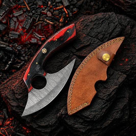 6′ Handmade Damascus Steel Ulu Knife Pizza Cutter with Leather Sheath | UR-001