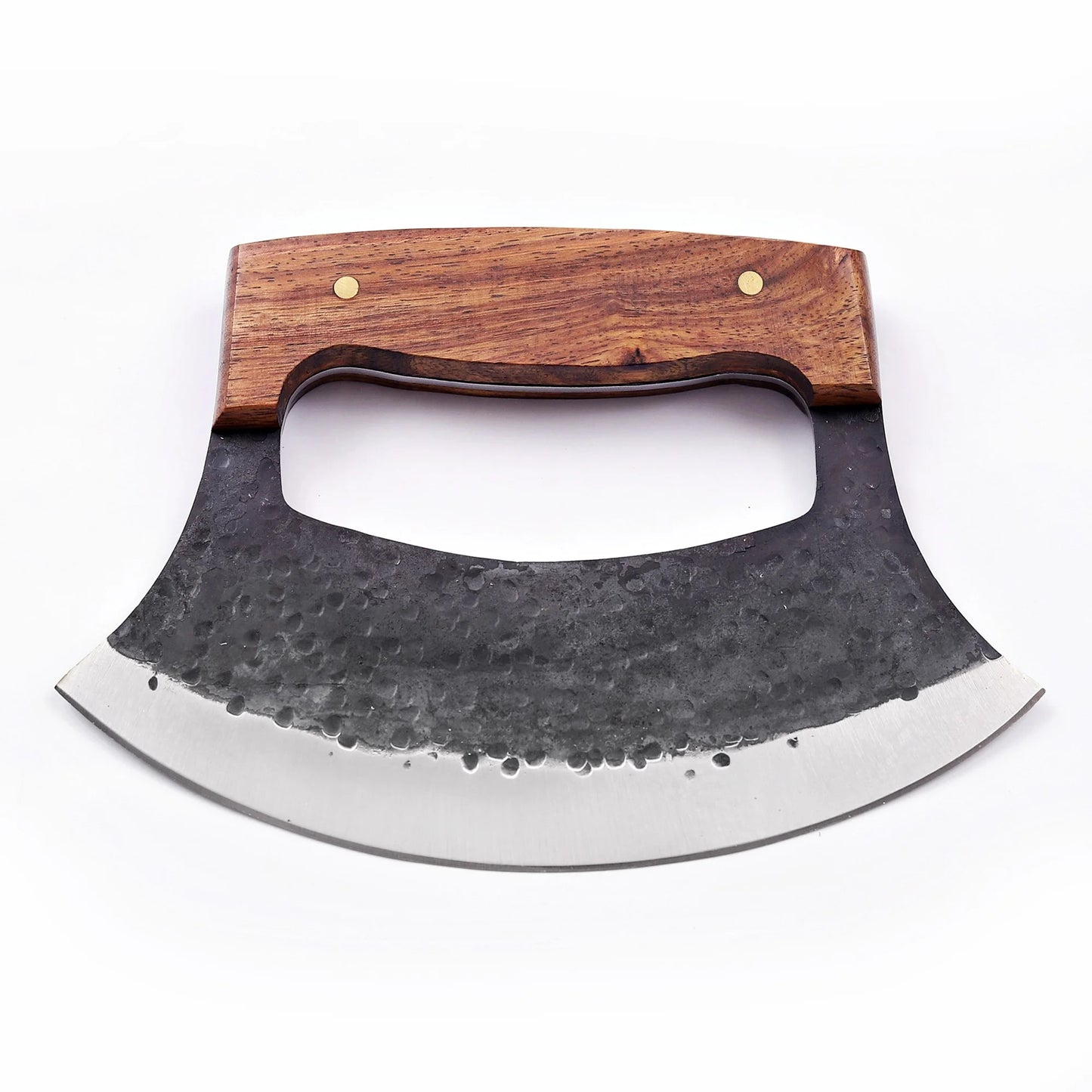 7′ Hammered Black Coated Stainless Steel Wooden Pizza Cutter Ulu Knife with Leather Sheath | UR-002