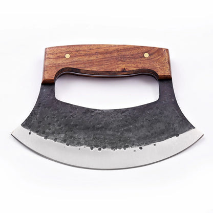 7′ Hammered Black Coated Stainless Steel Wooden Pizza Cutter Ulu Knife with Leather Sheath | UR-002