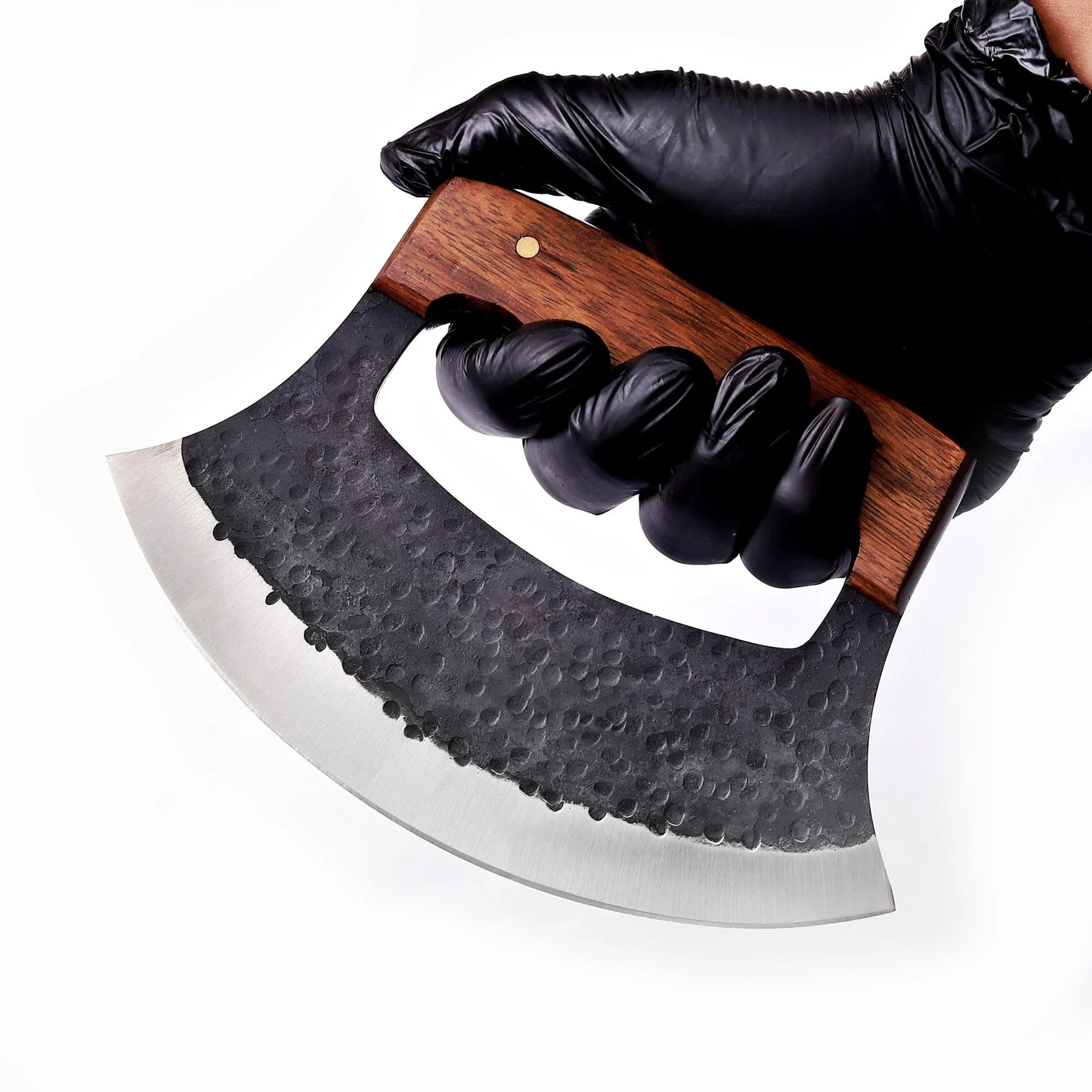 7′ Hammered Black Coated Stainless Steel Wooden Pizza Cutter Ulu Knife with Leather Sheath | UR-002