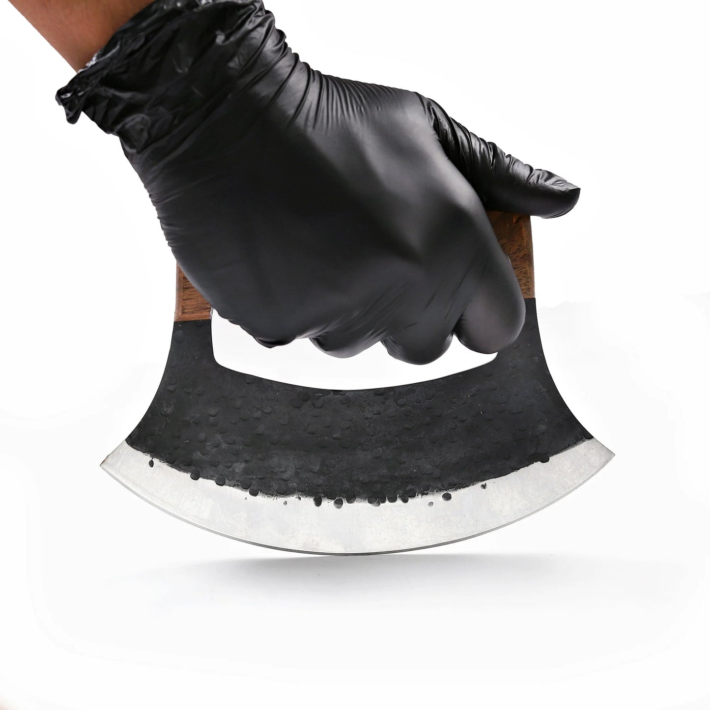 7′ Hammered Black Coated Stainless Steel Wooden Pizza Cutter Ulu Knife with Leather Sheath | UR-002