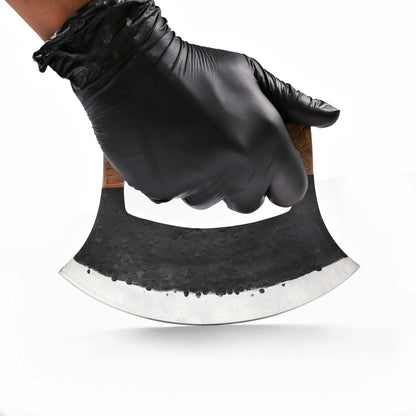 7′ Hammered Black Coated Stainless Steel Wooden Pizza Cutter Ulu Knife with Leather Sheath | UR-002