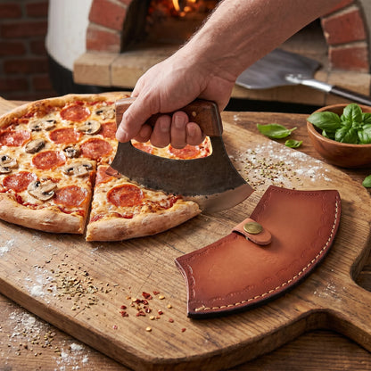 7′ Hammered Black Coated Stainless Steel Wooden Pizza Cutter Ulu Knife with Leather Sheath | UR-002