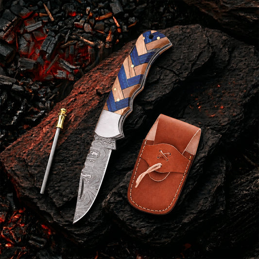 6.5′ Handmade Damascus Steel Artistic Handle Pocket Knife with Leather Sheath | VP-001-BL