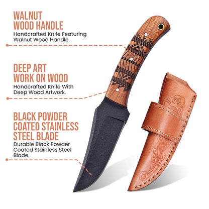 8′ Black Coated Stainless Steel Artistic Engraving Walnut Wood Handle Knife with Leather Sheath