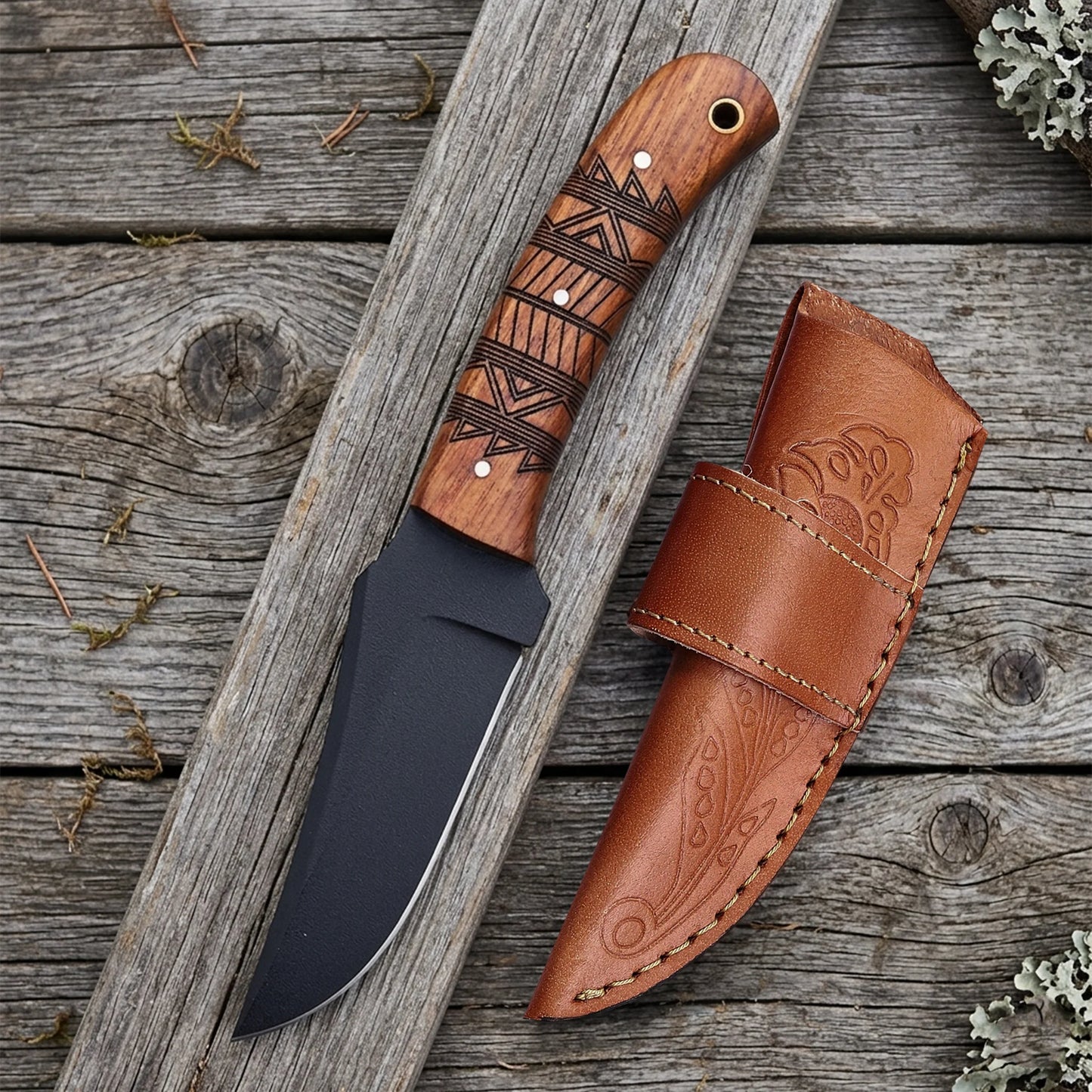 8′ Black Coated Stainless Steel Artistic Engraving Walnut Wood Handle Knife with Leather Sheath