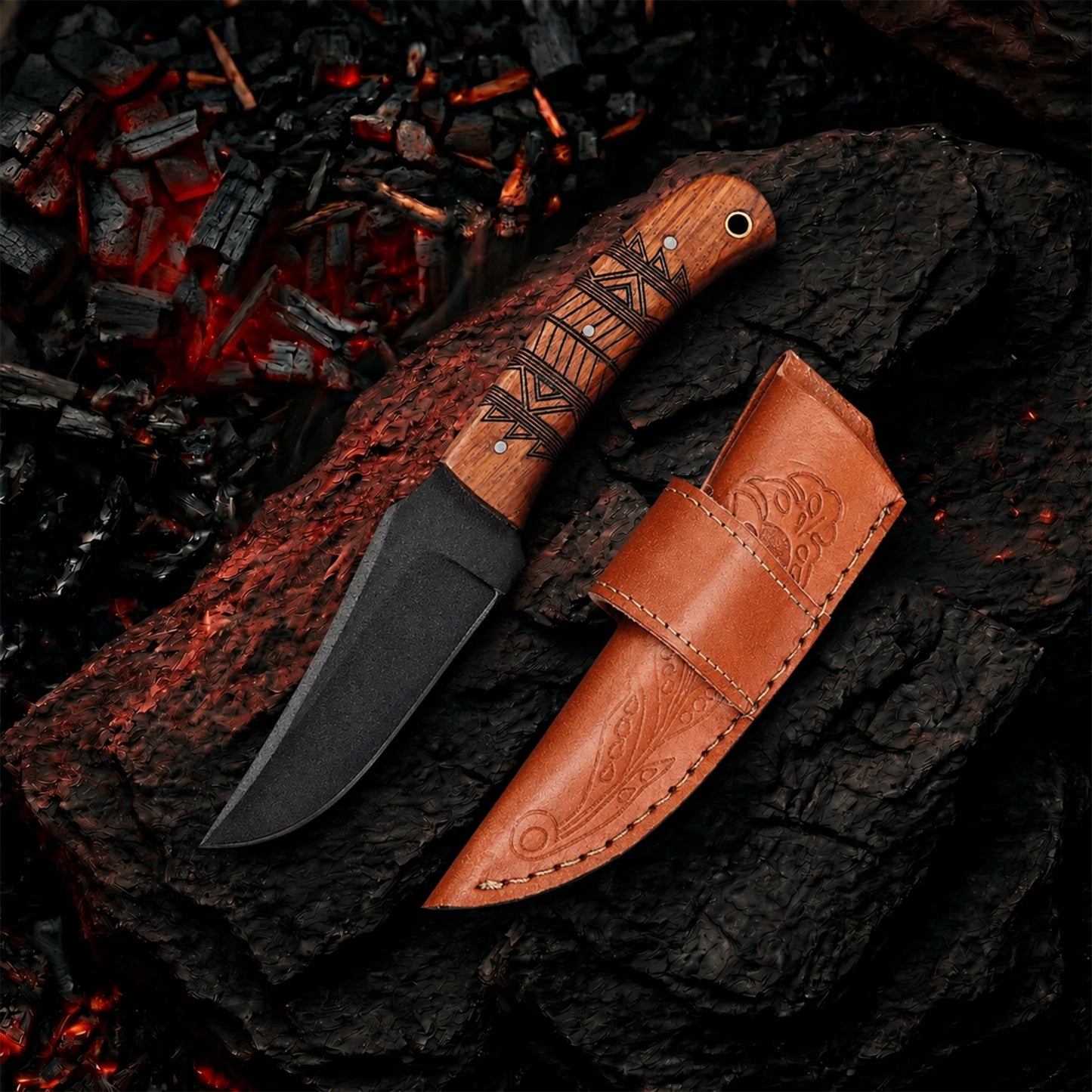8′ Black Coated Stainless Steel Artistic Engraving Walnut Wood Handle Knife with Leather Sheath