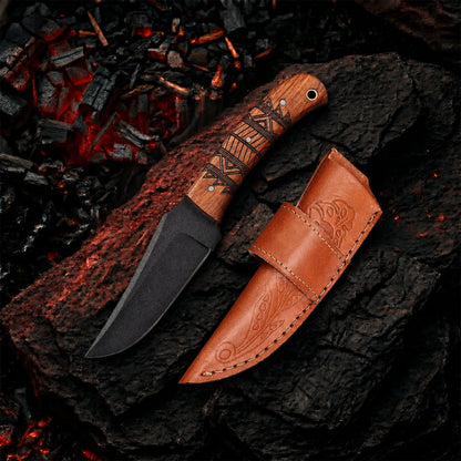 8′ Black Coated Stainless Steel Artistic Engraving Walnut Wood Handle Knife with Leather Sheath