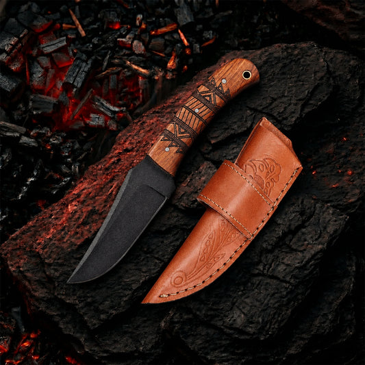 8′ Black Coated Stainless Steel Artistic Engraving Walnut Wood Handle Knife with Leather Sheath