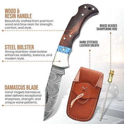 6.5′ Handmade Damascus Steel Pocket Knife with Leather Sheath | WR-001
