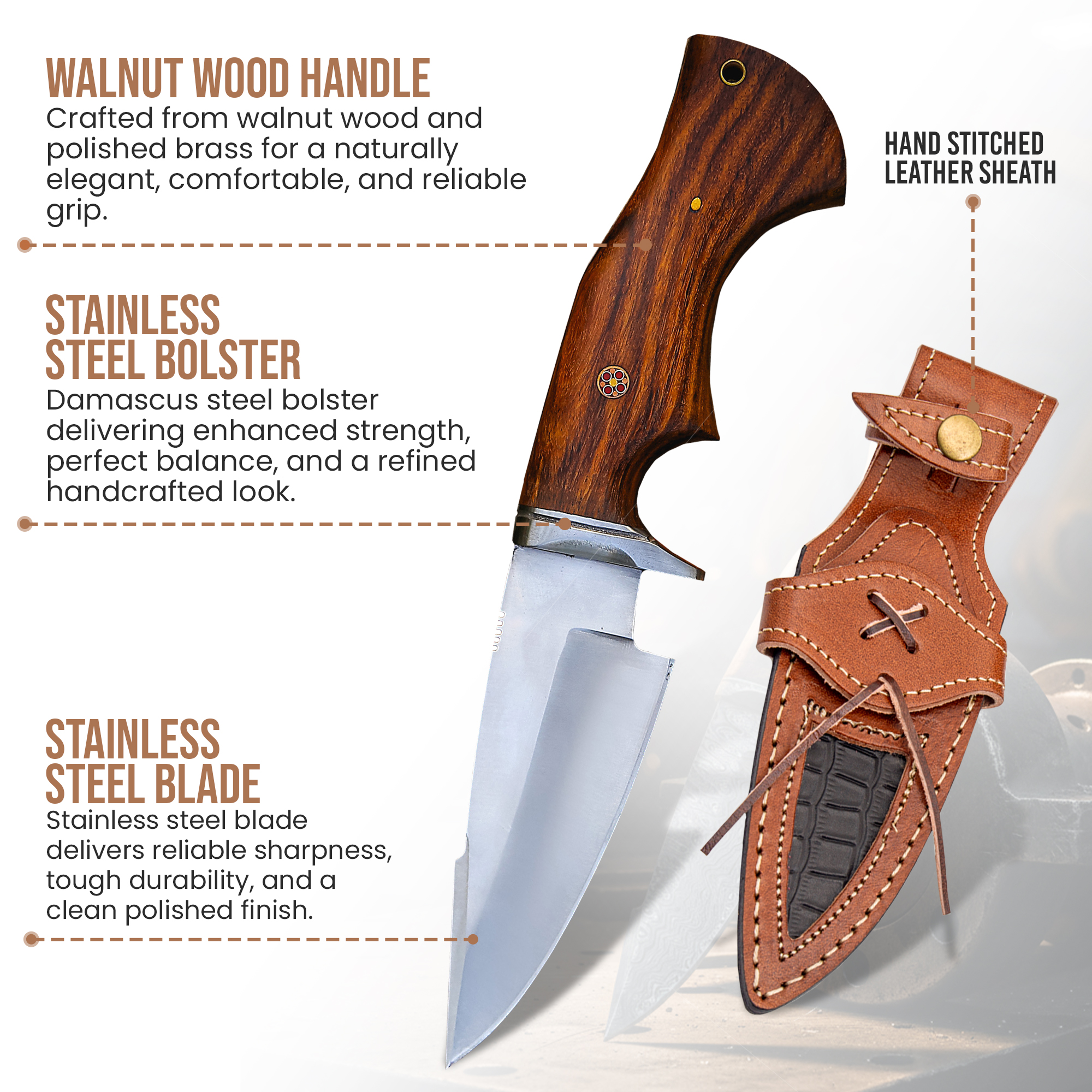 10' Handmade Stainless Steel Hunting Knife with Leather Sheath | MLK-0002 - Image 2