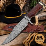 12' Handmade Damascus Steel Bowie Knife With Leather Sheath