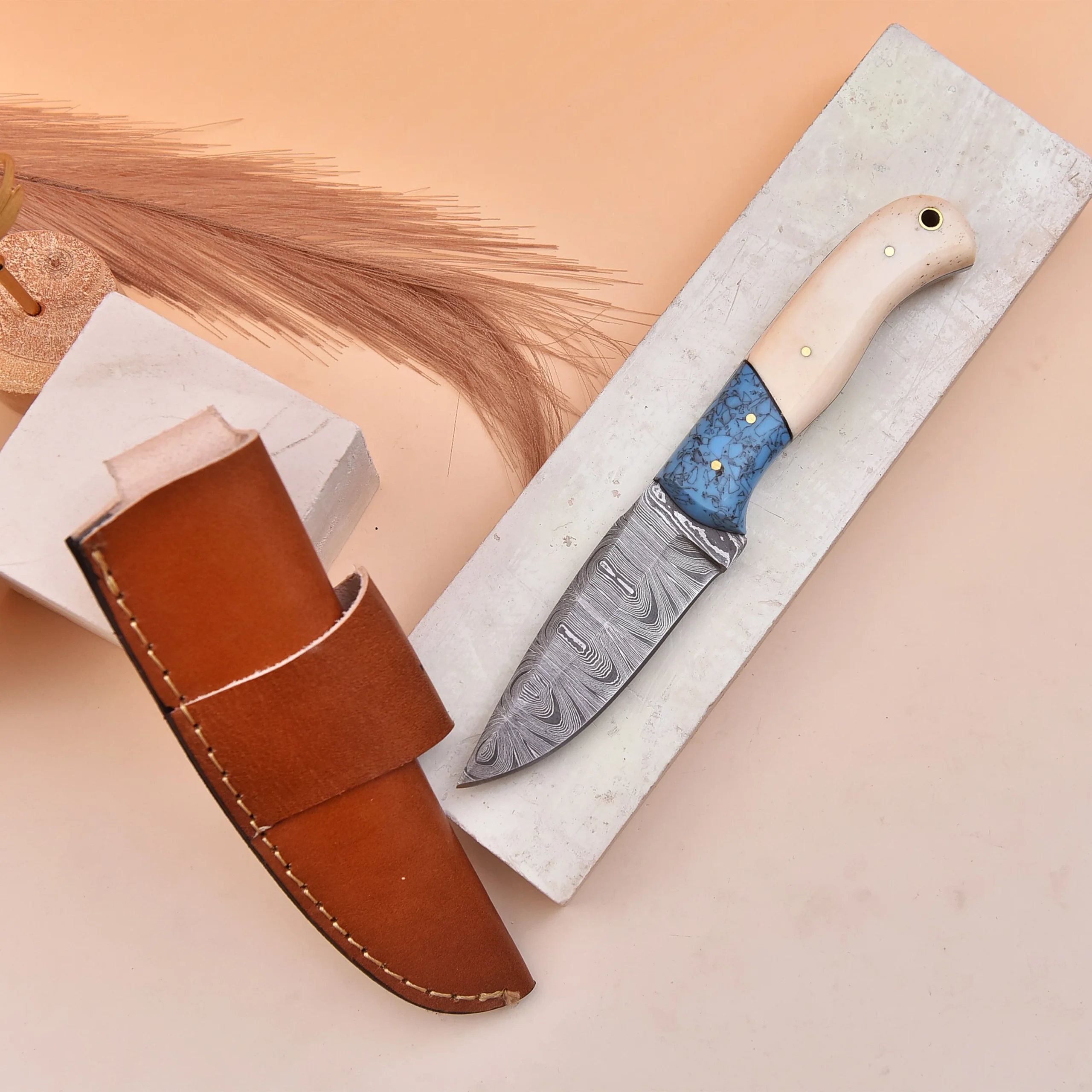 8' Handmade Damascus Steel Bone Handle Knife with Leather Sheath | DM-004-BB - Image 2