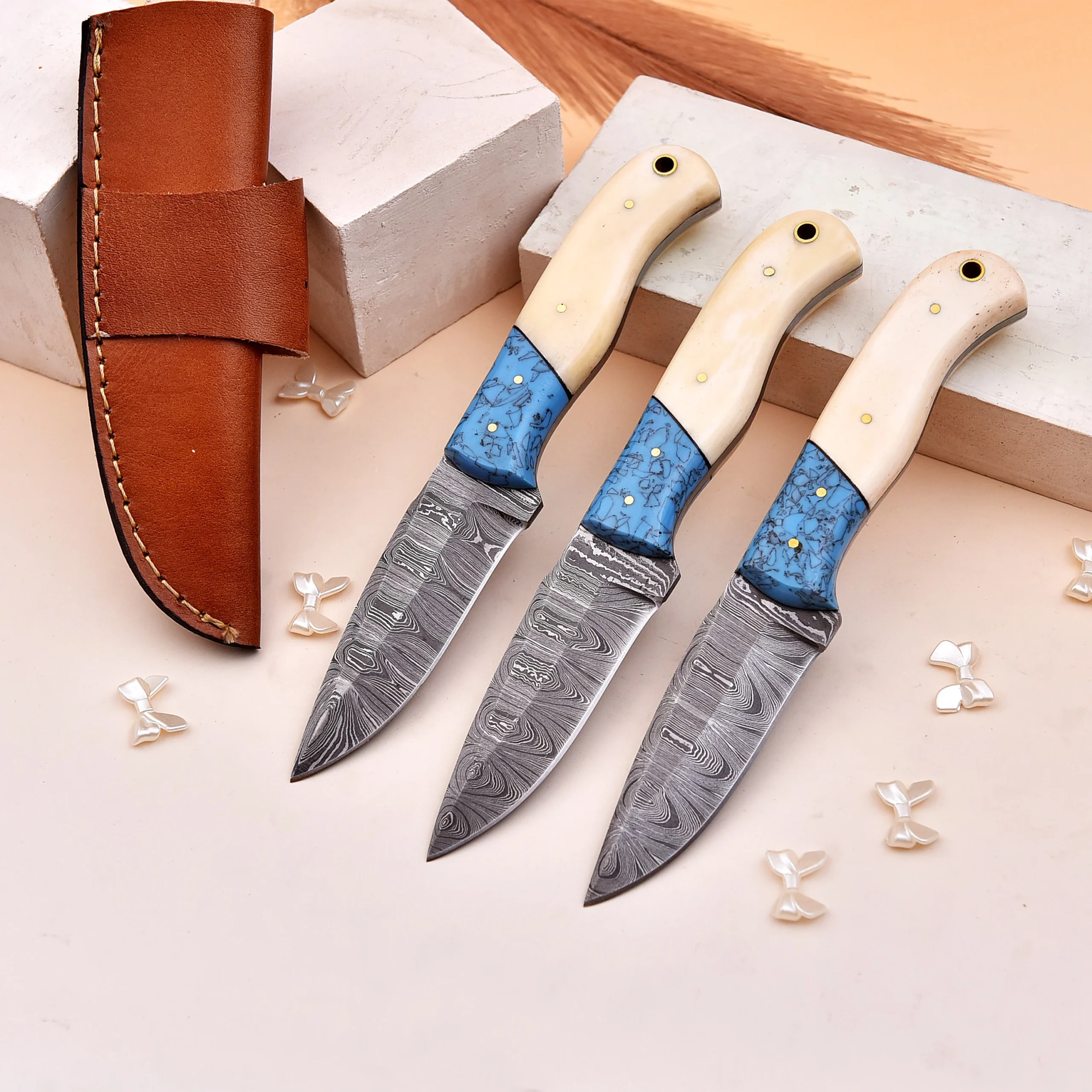 8' Handmade Damascus Steel Bone Handle Knife with Leather Sheath | DM-004-BB
