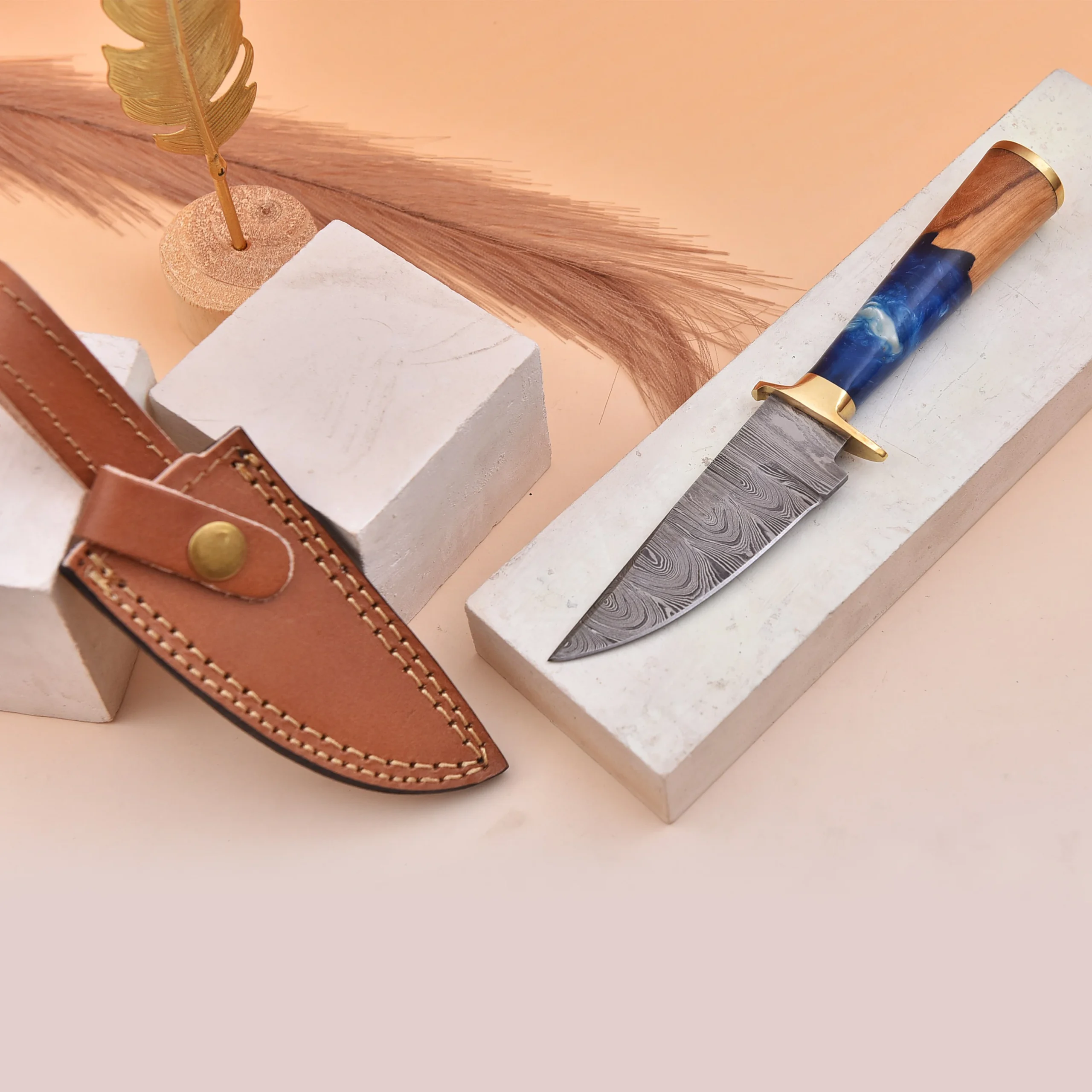 8' Handmade Damascus Steel Sea Shore themed Handle Knife with Leather Sheath | HO-001-BL