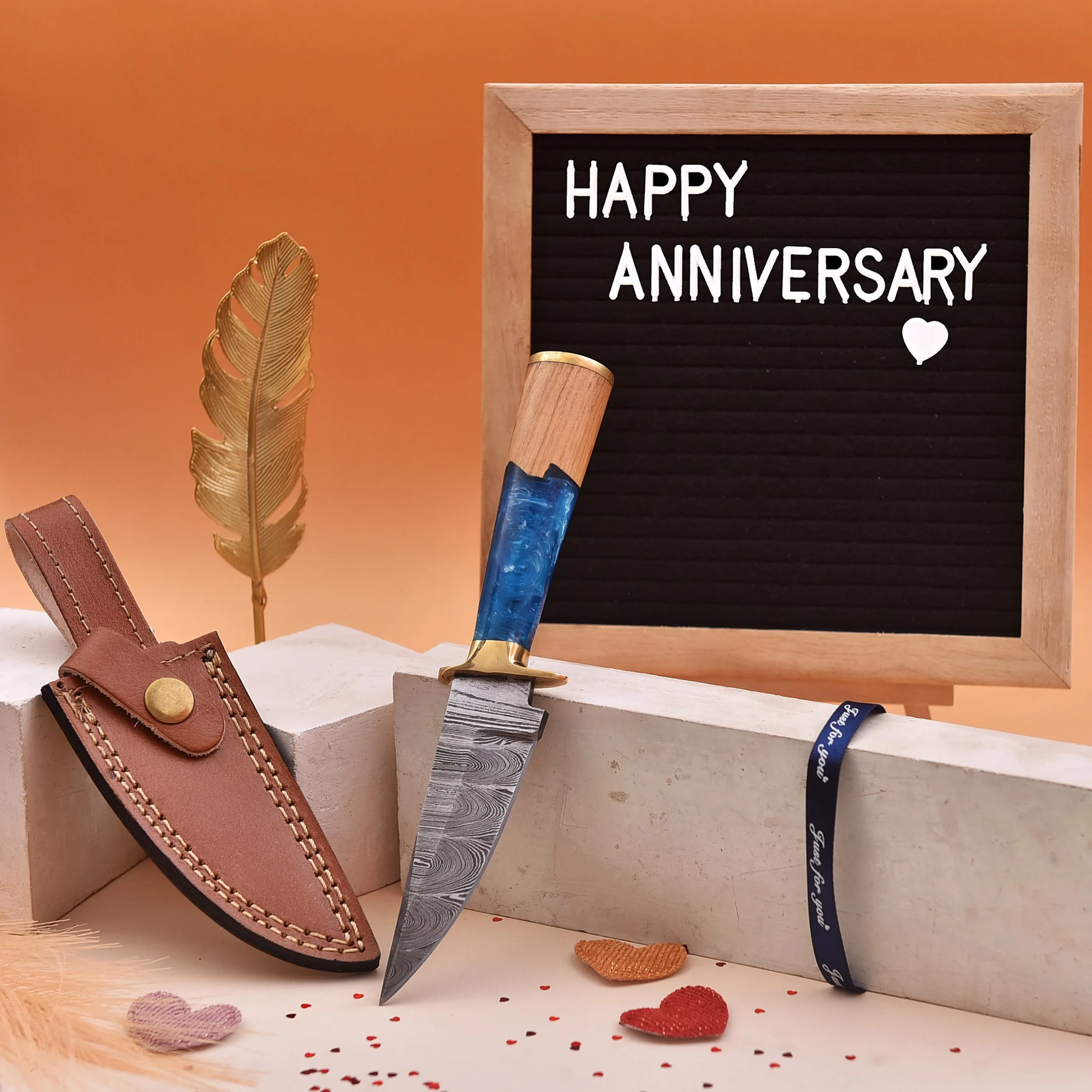 8' Handmade Damascus Steel Sea Shore themed Handle Knife with Leather Sheath | HO-001-BL - Image 8