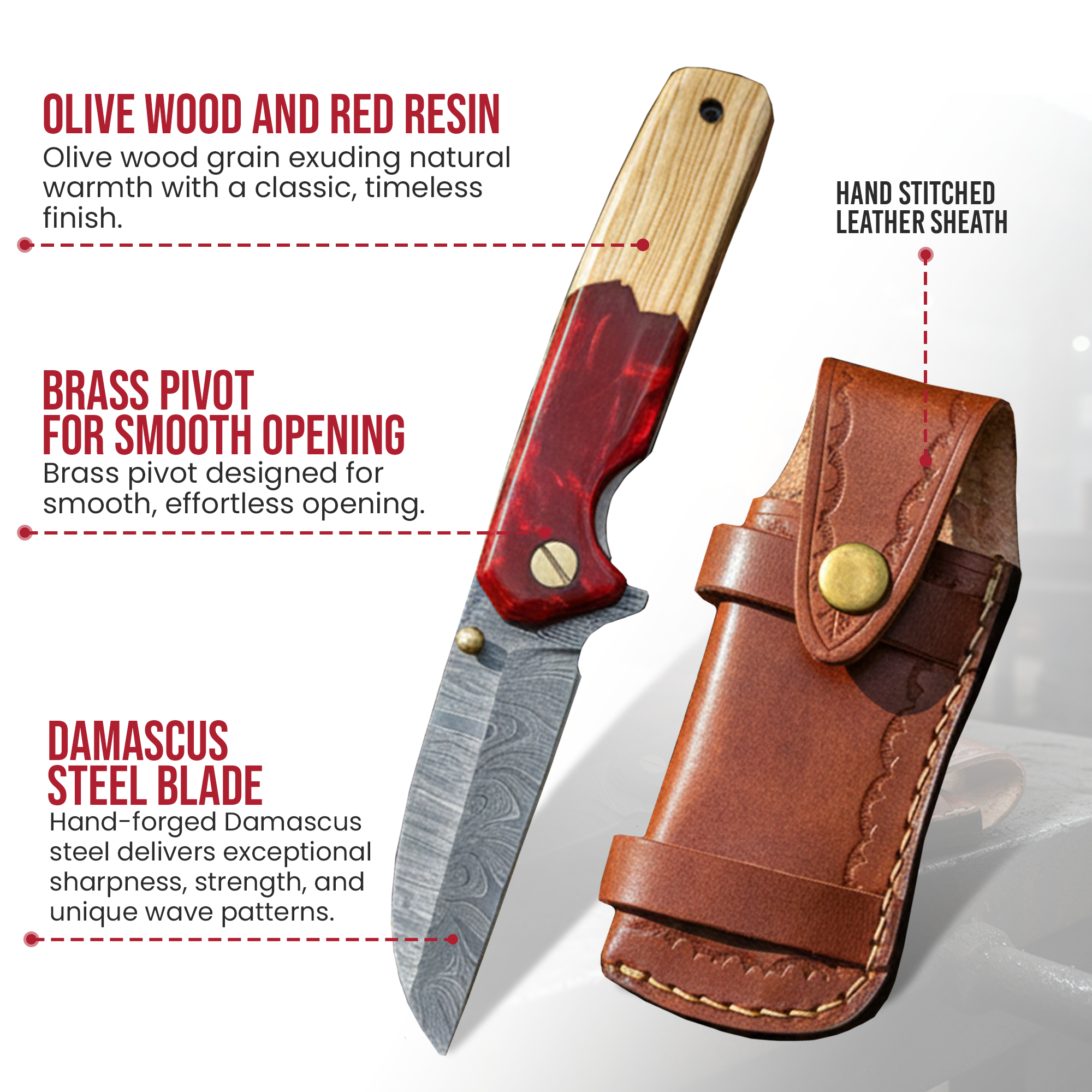 7.5' Handmade Damascus Steel Olive Wood & Red Resin Handle Pocket Knife with Leather Sheath | BF-07-WR - Image 2