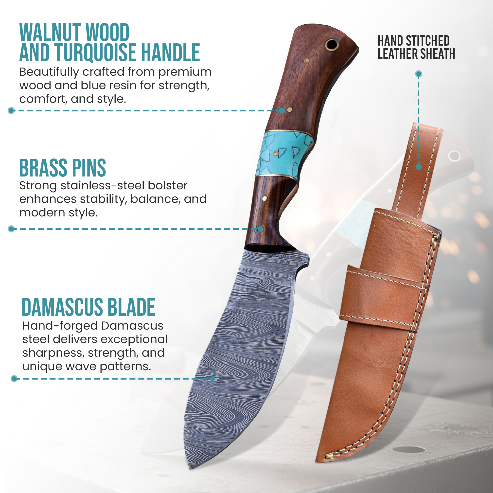 8.5' Handmade Damascus Walnut Wood & Turquoise Handle Knife with Leather Sheath | CWR-001 - Image 2