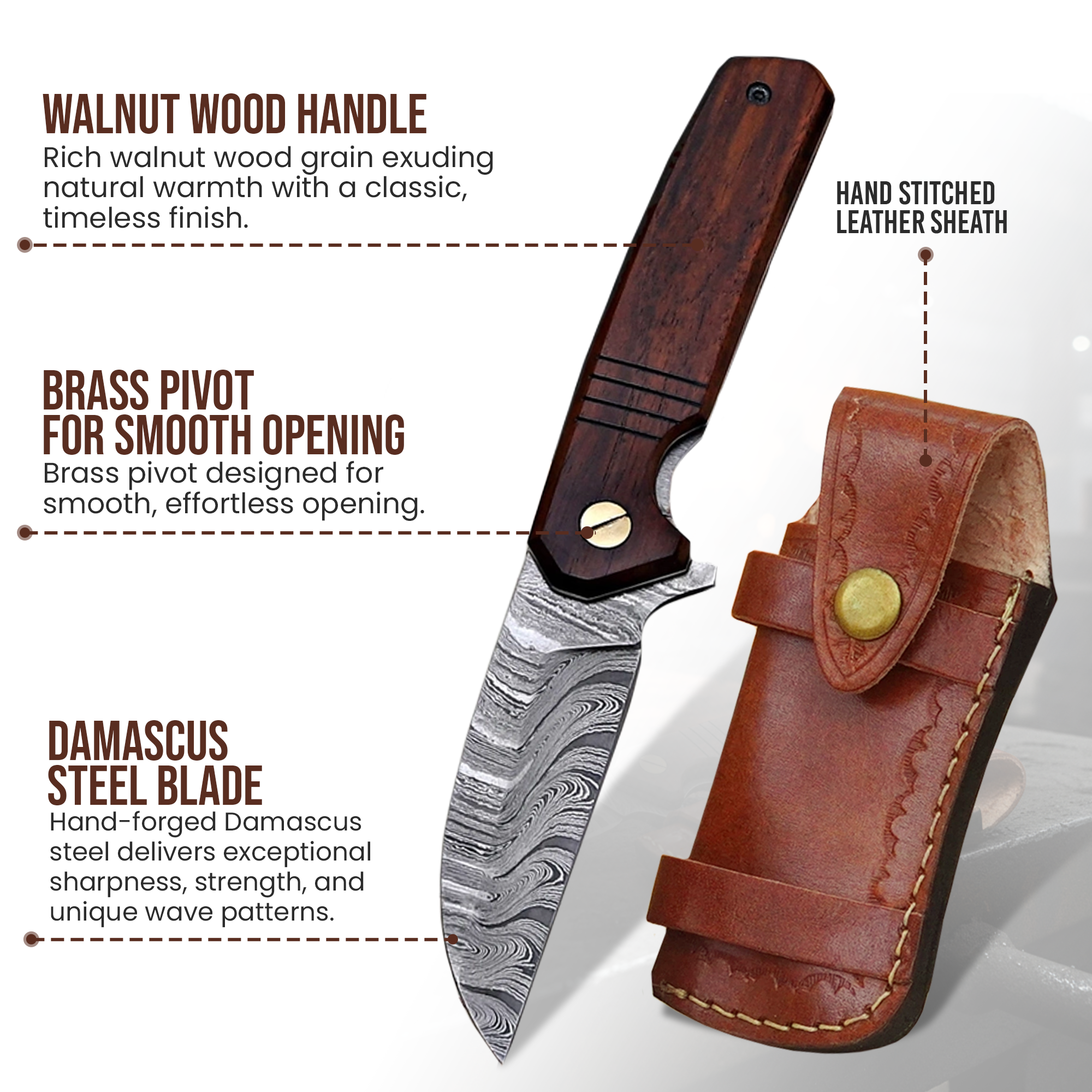 7.5' Handmade Damascus Steel Walnut Wood Handle Pocket Knife with Leather Sheath | BF-06-WD - Image 2