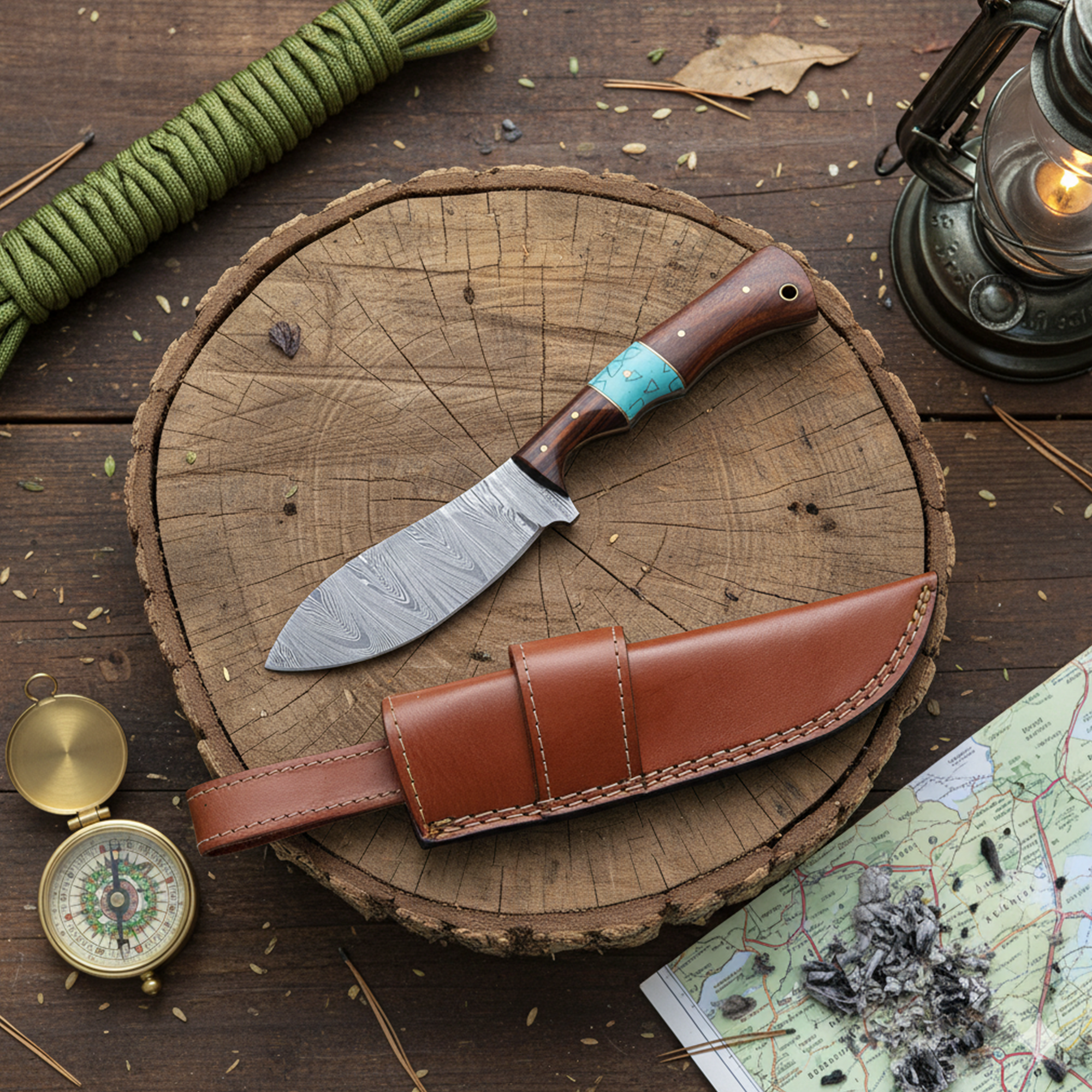 8.5' Handmade Damascus Walnut Wood & Turquoise Handle Knife with Leather Sheath | CWR-001