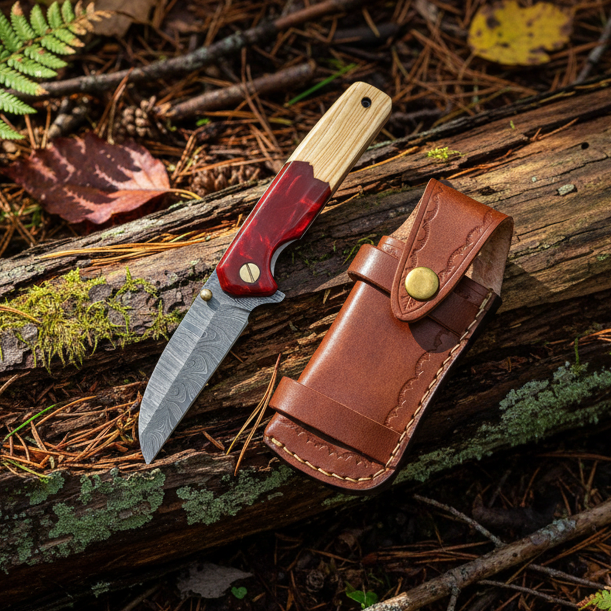 7.5' Handmade Damascus Steel Olive Wood & Red Resin Handle Pocket Knife with Leather Sheath | BF-07-WR