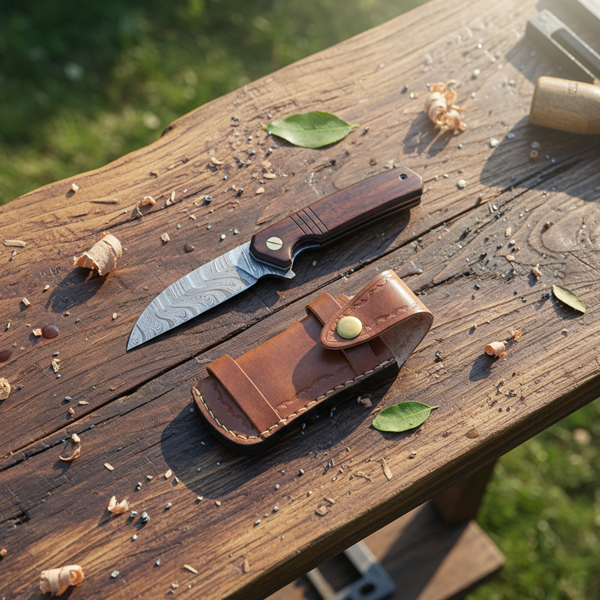 7.5' Handmade Damascus Steel Walnut Wood Handle Pocket Knife with Leather Sheath | BF-06-WD