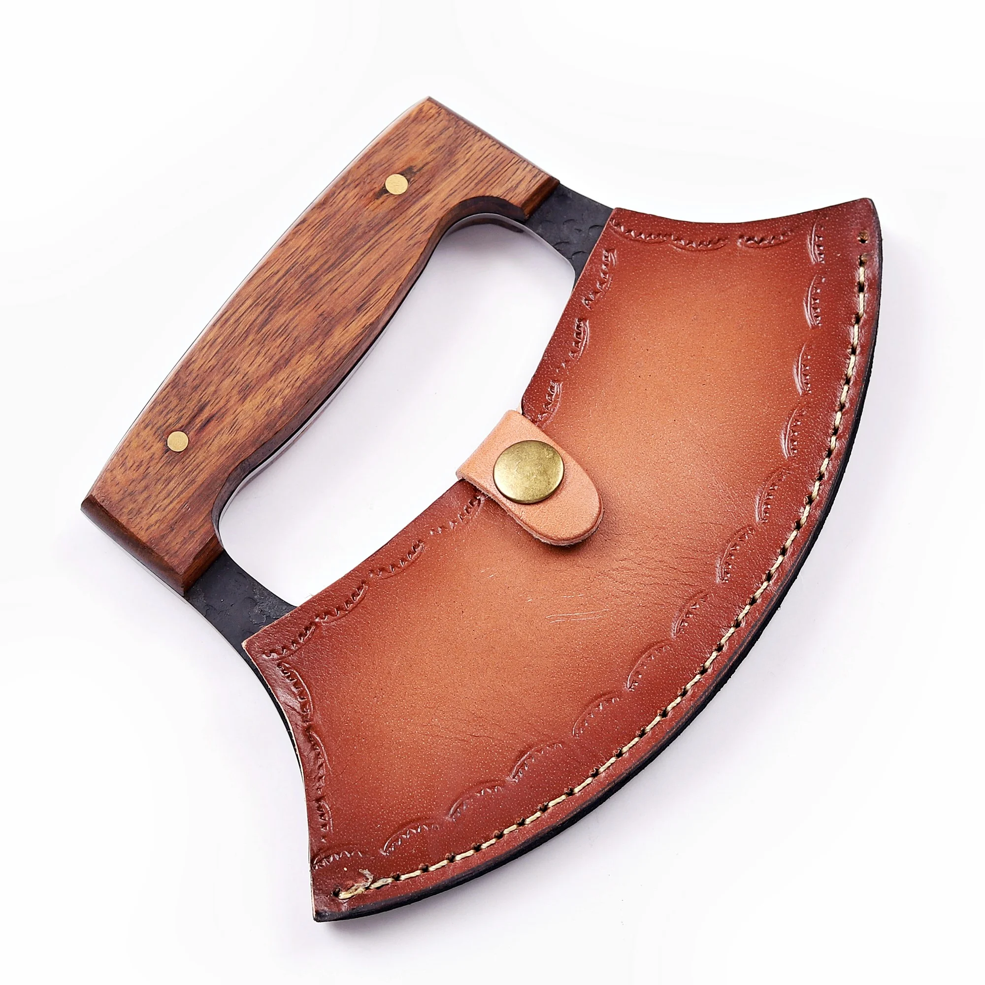 7' Hammered Black Coated Stainless Steel Wooden Pizza Cutter Ulu Knife with Leather Sheath | UR-002 - Image 10