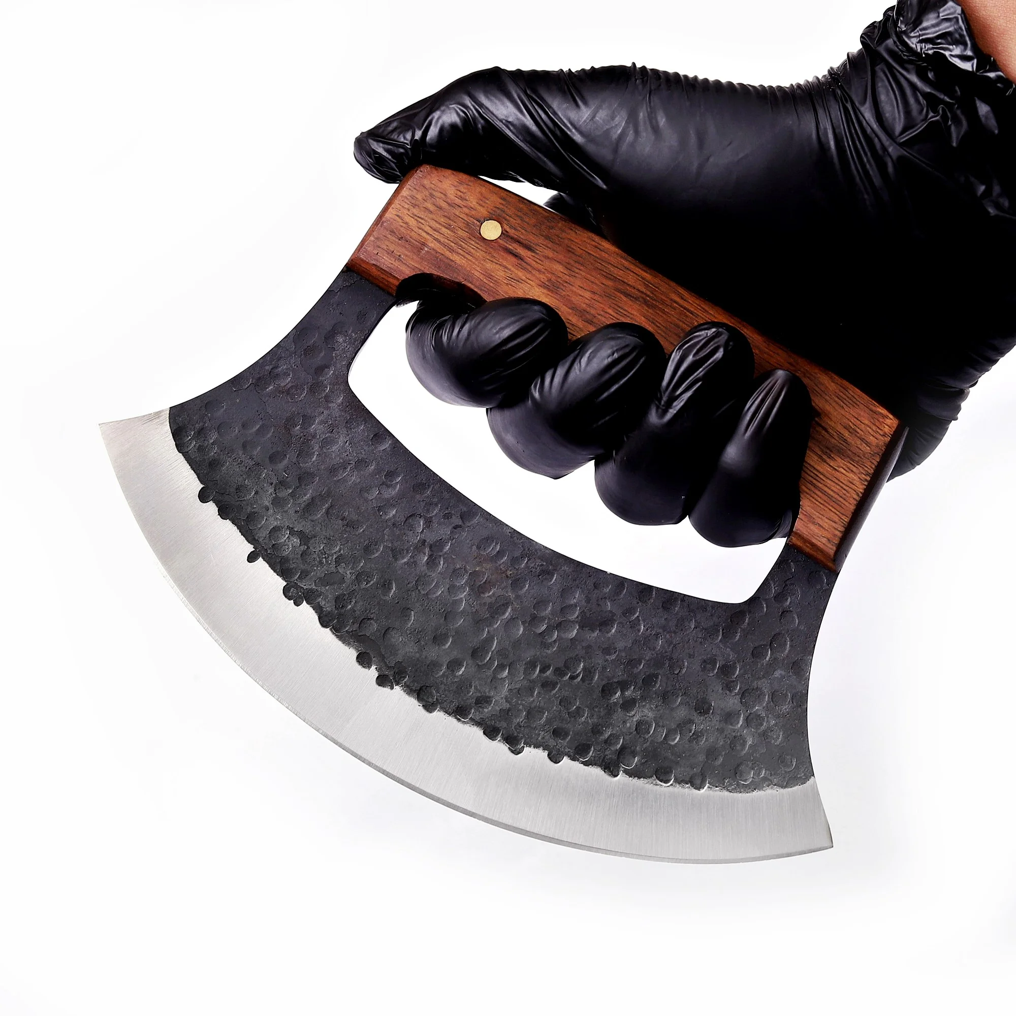7' Hammered Black Coated Stainless Steel Wooden Pizza Cutter Ulu Knife with Leather Sheath | UR-002 - Image 12