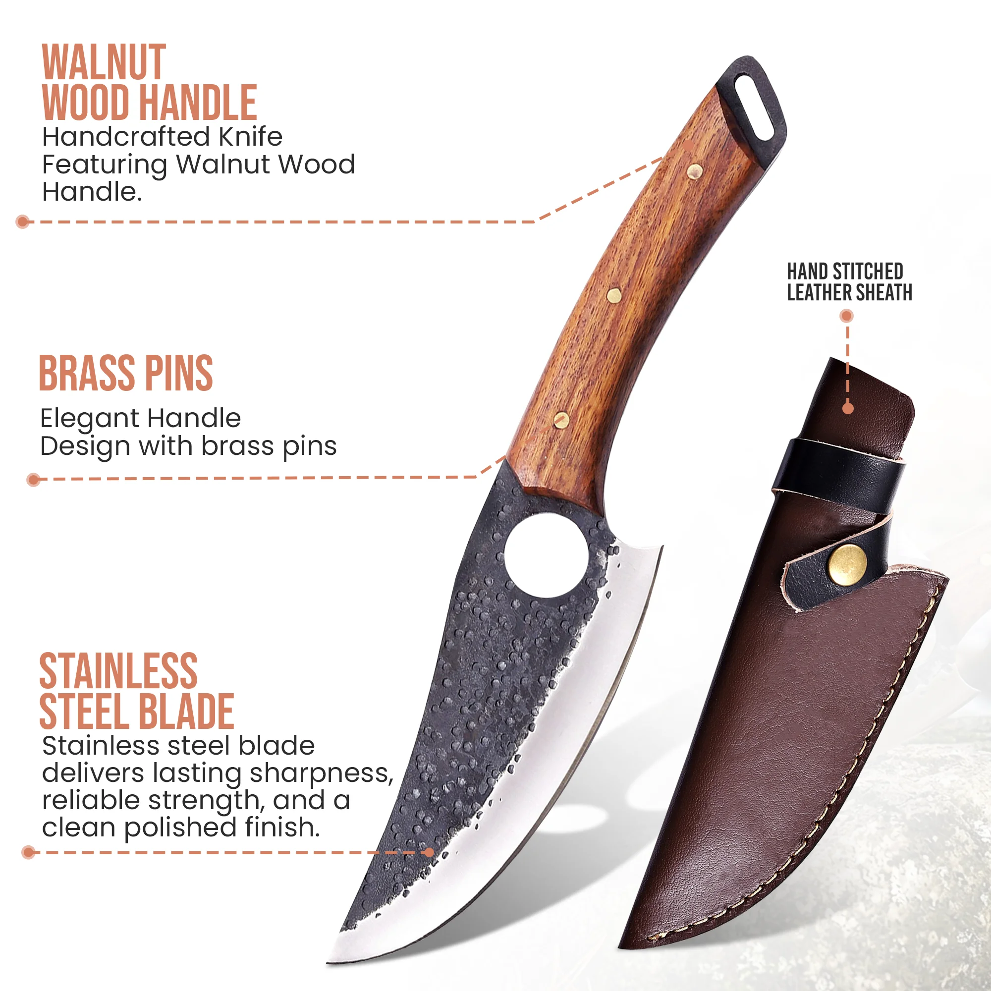 10.8' Hand Forged Stainless Steel Walnut Wood Handle Kitchen Knife with Leather Sheath | CH-001 - Image 2