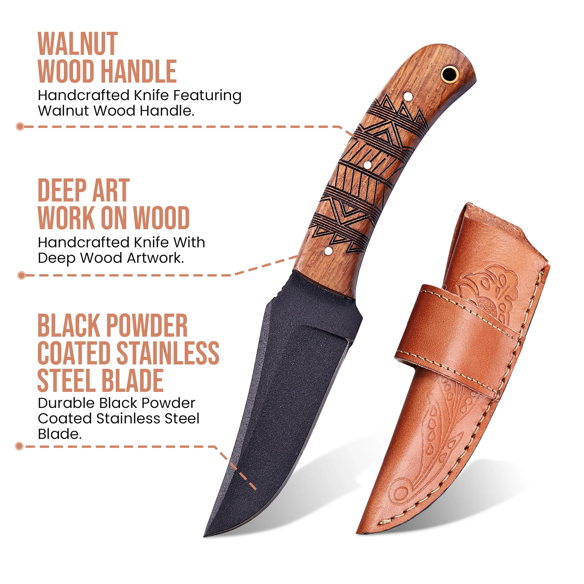 8' Black Coated Stainless Steel Artistic Engraving Walnut Wood Handle Knife with Leather Sheath | WD-001-BK - Image 2