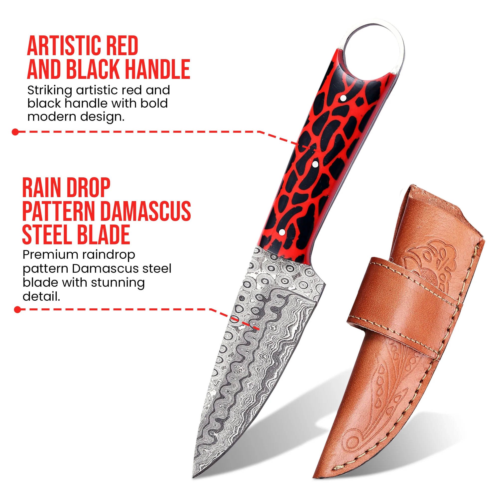 8' Handmade Damascus Steel Artistic Red & Black Cheetah Texture Handle Knife with Leather Sheath | RING-001-RD - Image 2