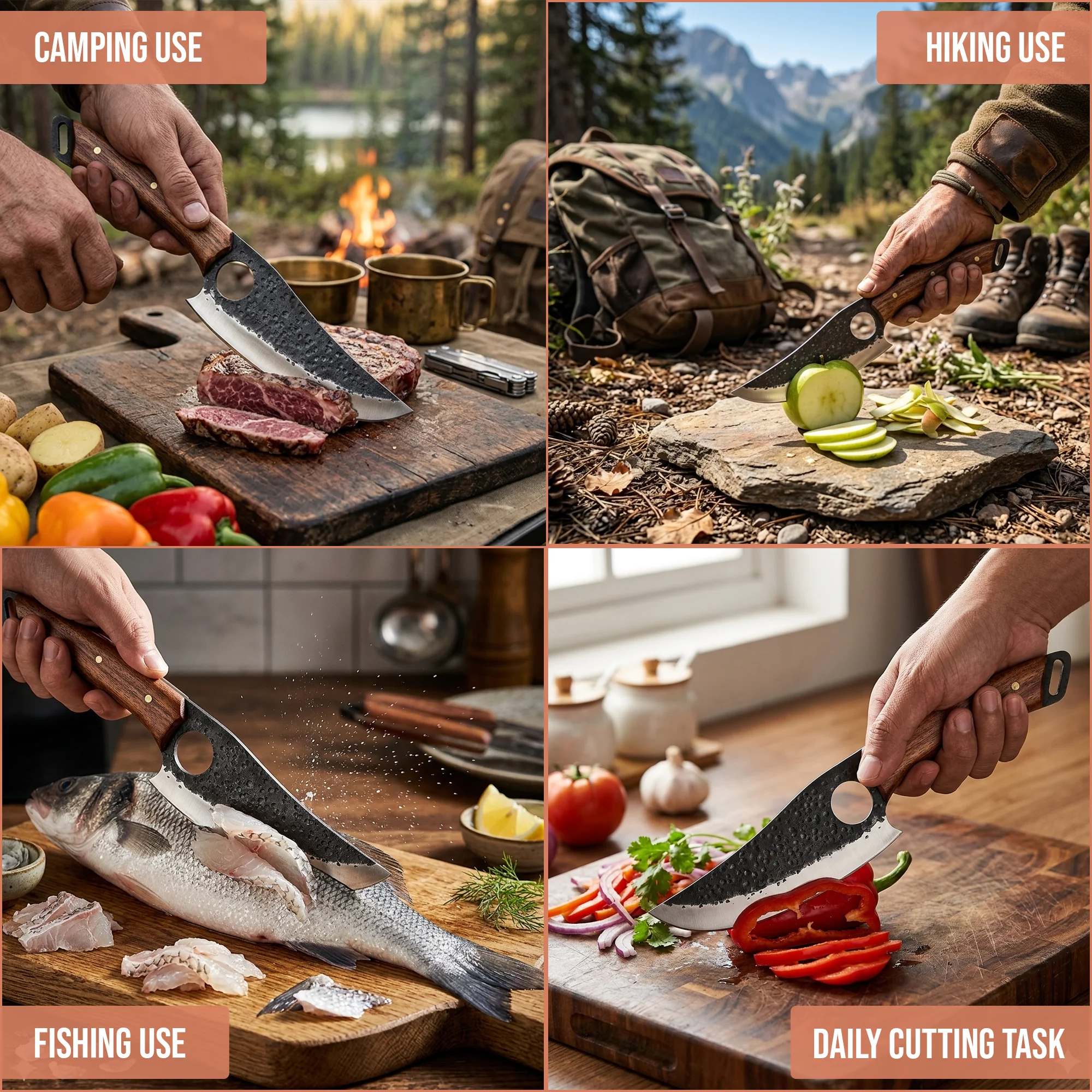 10.8' Hand Forged Stainless Steel Walnut Wood Handle Kitchen Knife with Leather Sheath | CH-001 - Image 4